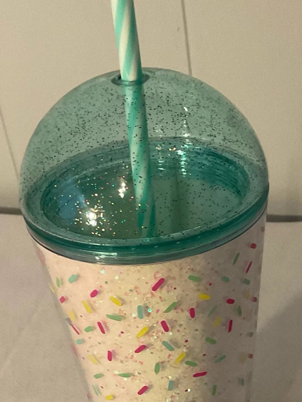 Starbucks White Tumbler with Teal Dome Lid and Sprinkle Design